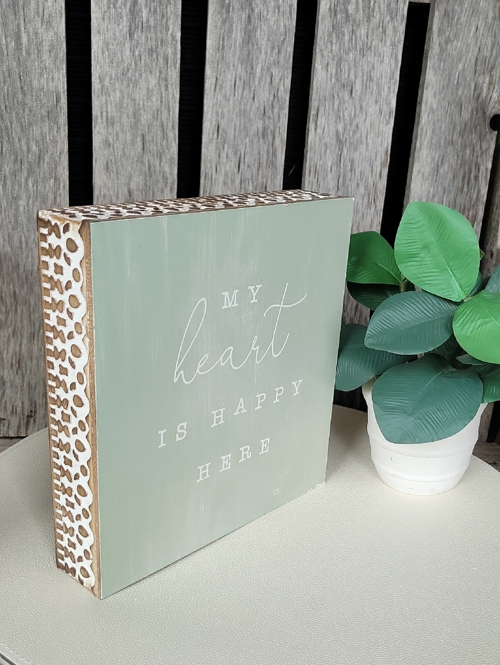 Mint Green Decorative Block Sign - "My Heart Is Happy Here"